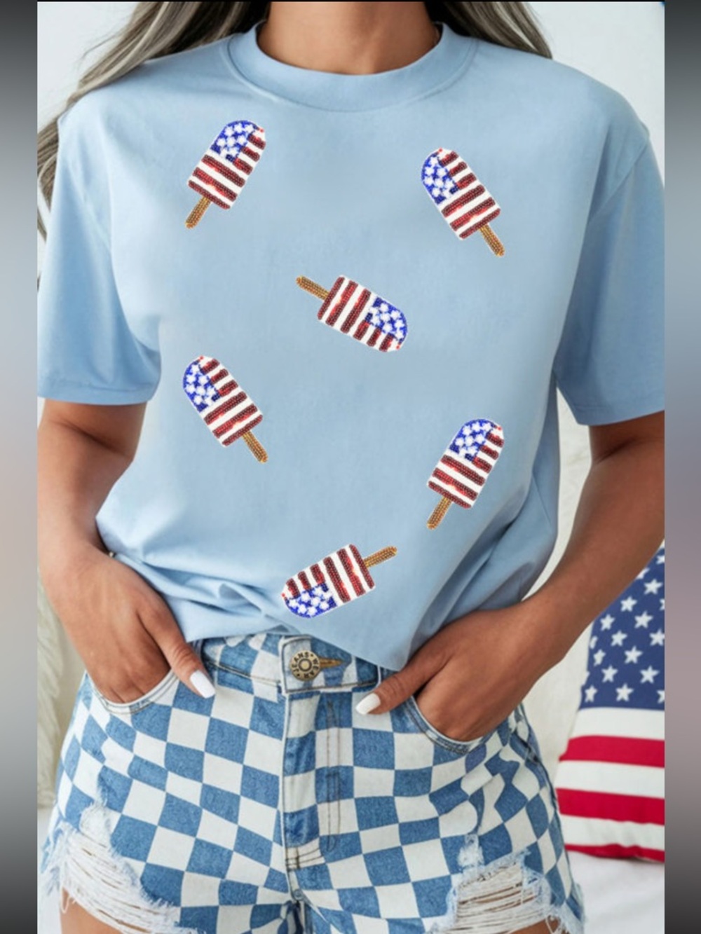 1196. Sequin USA popsicle short sleeve top-shirt in blue